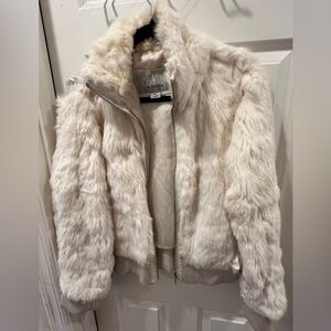 Wilsons Leather Maxima Women’s Collared Zip Up White Rabbit Fur Bomber Jacket XL